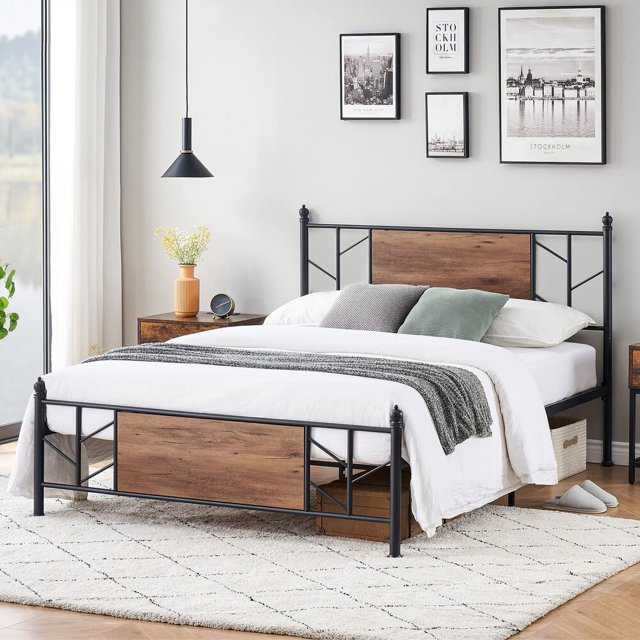 Bed Frame Full/Queen Size With Wooden Headboard Heavy Metal Platform