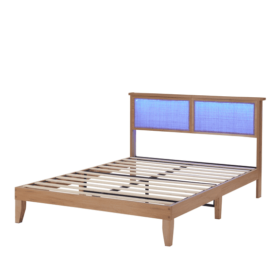Bed Frame Full Size, Bohemian Platform Bed Frame with Rattan Storage Headboard, Adjustable Led Lights, Wooden Support Legs, No Box Spring Needed, Noise-Free, Easy Assembly
