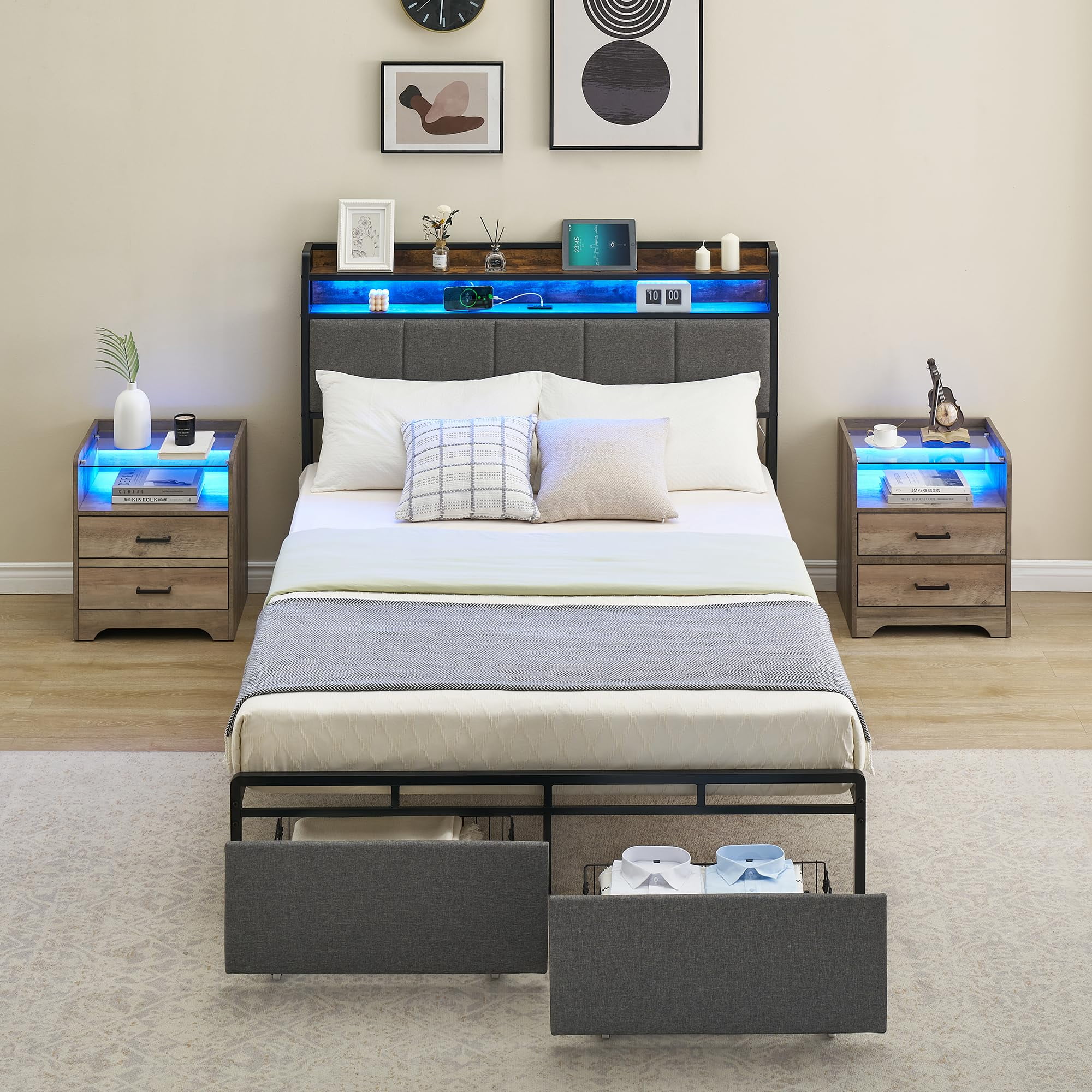 Bed Frame Full Size with Charging Station and LED Lights,Upholstered ...