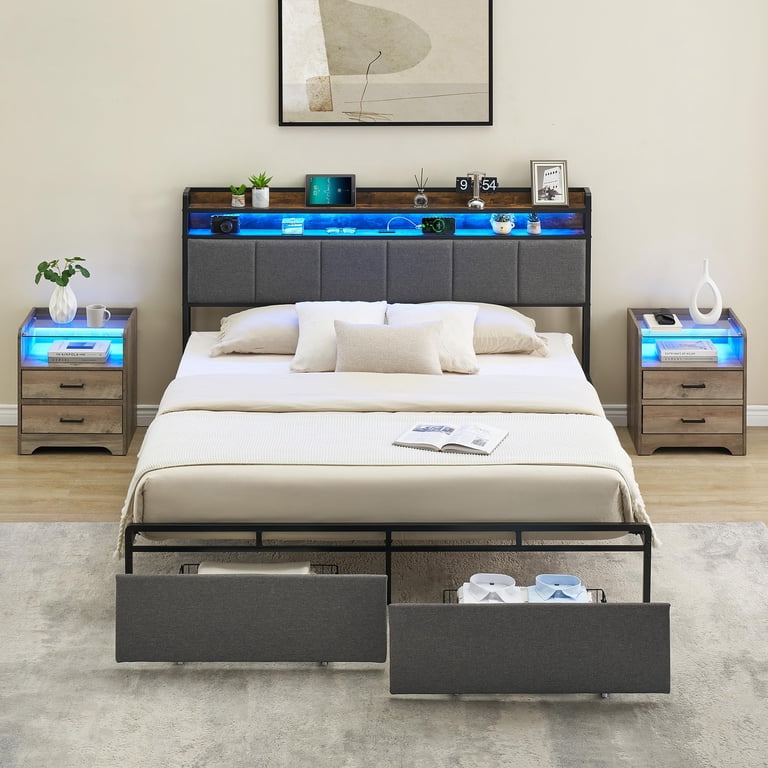 Queen Upholstered Bed Frame With Headboard & Charging Station - 2 Storage Drawers, No Box Spring Needed, White