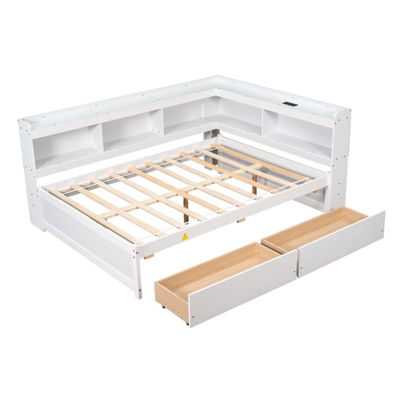 Bed Frame Full Size L-shaped Bookcases Bed with Power Outlets, USB Charging Ports,Two Drawers,Whtie,Platform Bed Frame