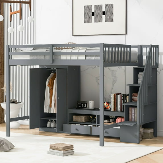 Bed Frame Full Size Loft Bed Frame with Wardrobe, Low Storage Table and Storage Staircase, Gray
