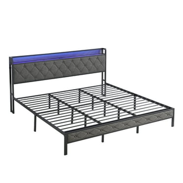 Bed Frame,Full Size/Queen Size/King Size Bed Frame with Upholstered Headboard,Metal Wood Slats,Platform Bed Frame with LED Light and Charging Station,Noise Free,No Box Spring Needed