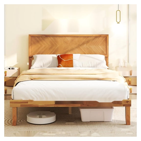 Bed Frame,Full Size,Solid Acacia Wood Platform Bed with Headboard,12 Slat Support,Scandinavian Art Deco Style,No Box Spring Needed,For Modern Bedrooms,Rustic Brown
