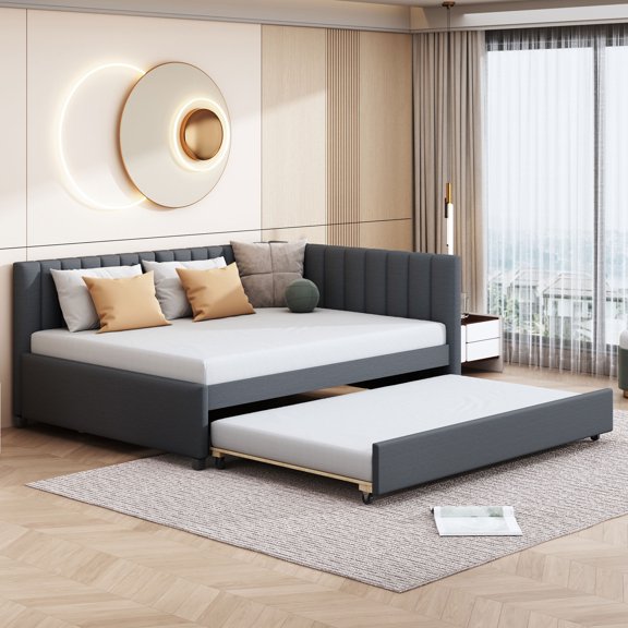 Bed Frame Full Size Upholstered Dwith Trundle Sofa Bed Frame No Box Spring Needed, Linen Fabric