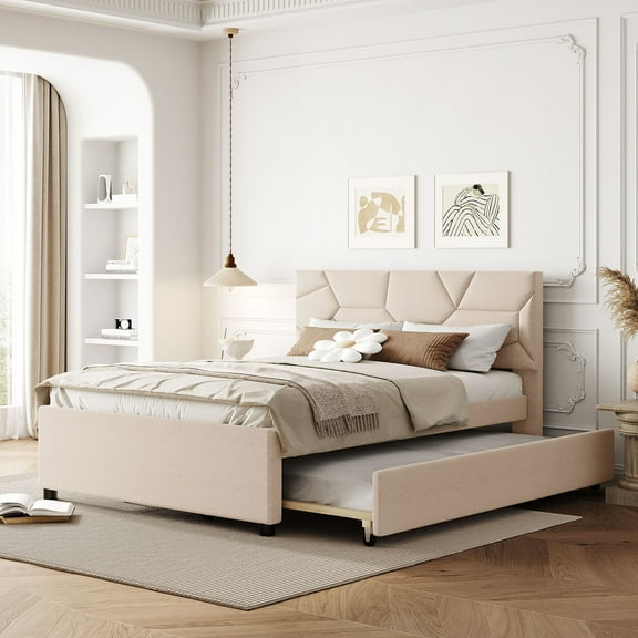 Bed Frame Full Size Upholstered Platform Bed with Brick Pattern Headboard and Twin Size Trundle, Linen Fabric, Beige