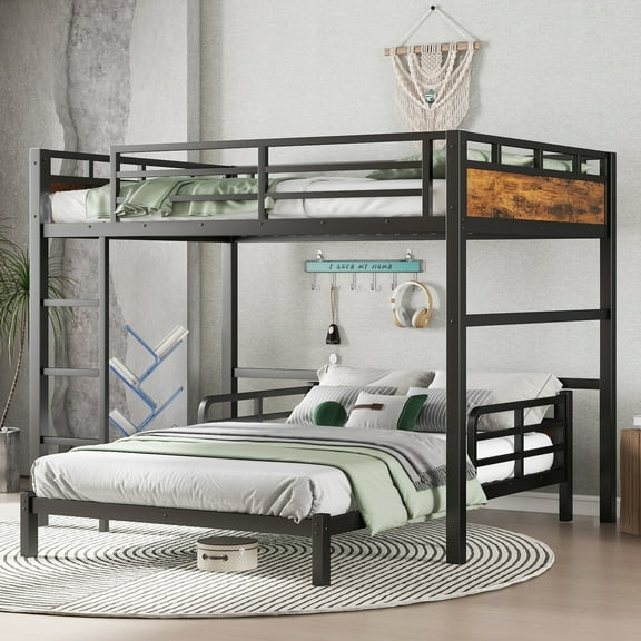 Bed Frame Full XL over Full XL Metal Bunk Bed/Metal Loft Bed and Metal Platform Beds,with raised security fence,Vintage Wood-colored