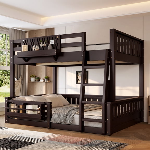 Bed Frame Full XL over Queen/ Full over Queen Bunk Bed with Ladder and Guardrails, Pegboard and bookshelf,Espresso