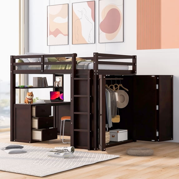 Bed Frame Full size Loft Bed with Drawers,Desk,and Wardrobe-Espresso