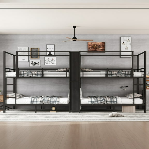 Bed Frame Full size Quadruple Metal Bunk Bed,Quadruple Metal Bunk Bed with Built-in Storage Shelves Wardrobe,Sturdy Metal Frame with Noise-reduced Design,Black