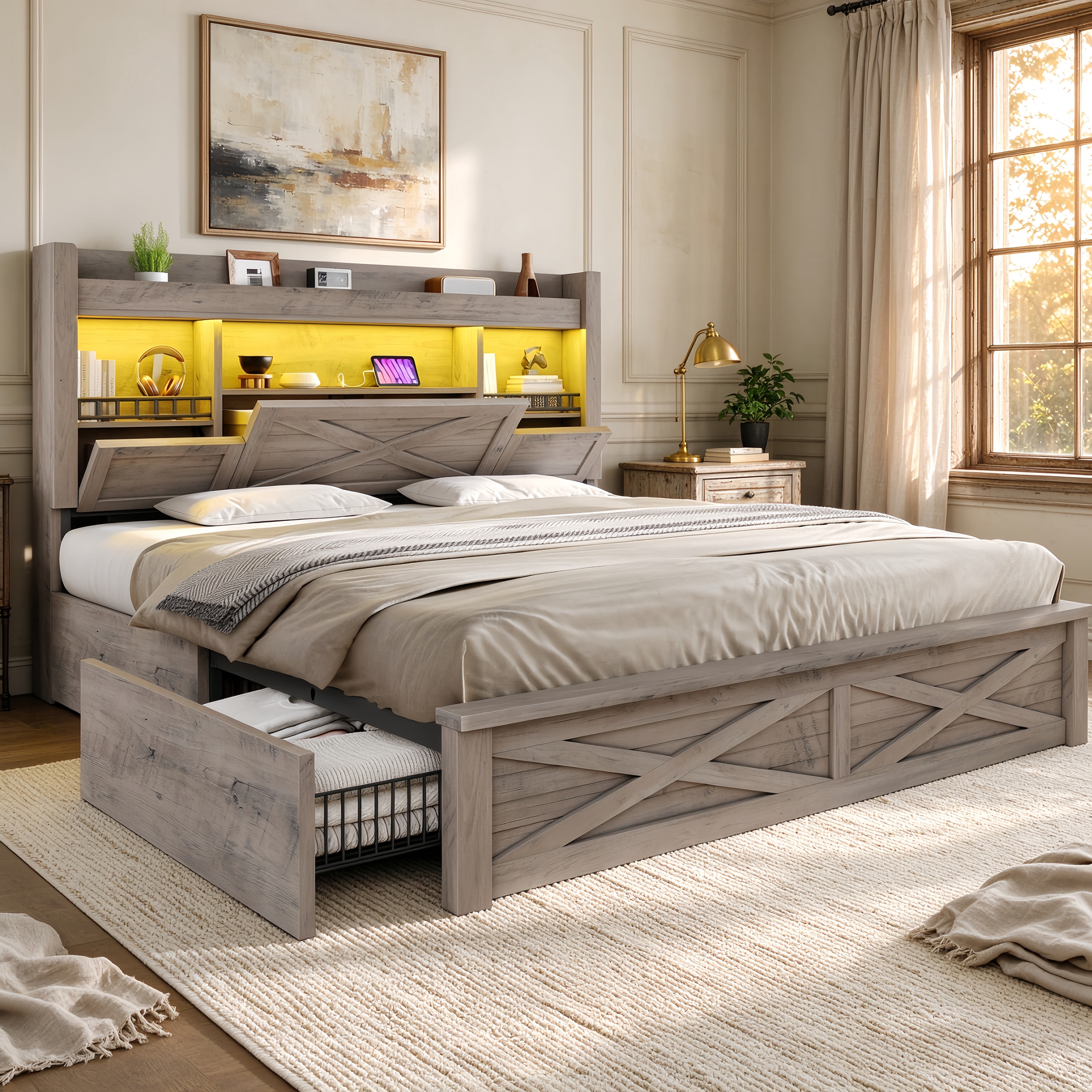 Bed Frame Full with Storage Flip-Down Lighted Headboard & Charger, Farmhouse Wood Platform Bed with 4 Drawers Metal Slats Rustic Gray