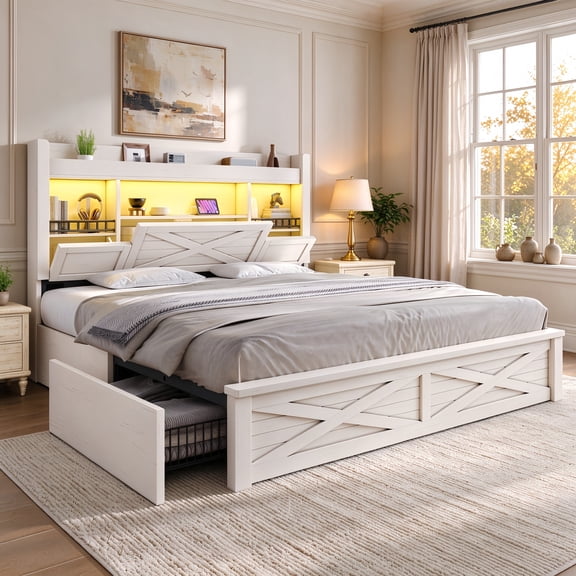 Bed Frame Full with Storage Flip-Down Lighted Headboard & Charger, Farmhouse Wood Platform Bed with 4 Drawers Metal Slats White