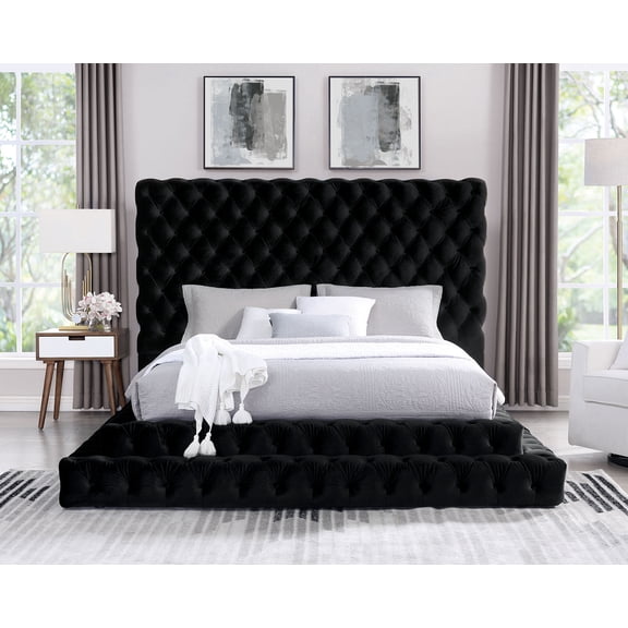 Bed Frame Fully Upholstered Frame Black 1pc Eastern King Size Bed Tufted Oversized Headboard Bedroom Furniture Platform Bed