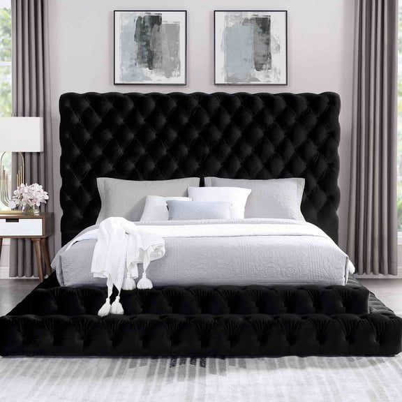 Bed Frame Fully Upholstered Frame Black 1pc Queen Size Bed Tufted Oversized Headboard Bedroom Furniture Platform Bed
