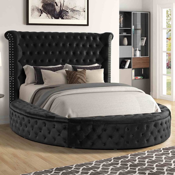 Bed Frame Glam 1pc Queen Size Bed Round Storage Black Velvet Like Acrylic Button-Tufted Wingback Design Bedroom Furniture