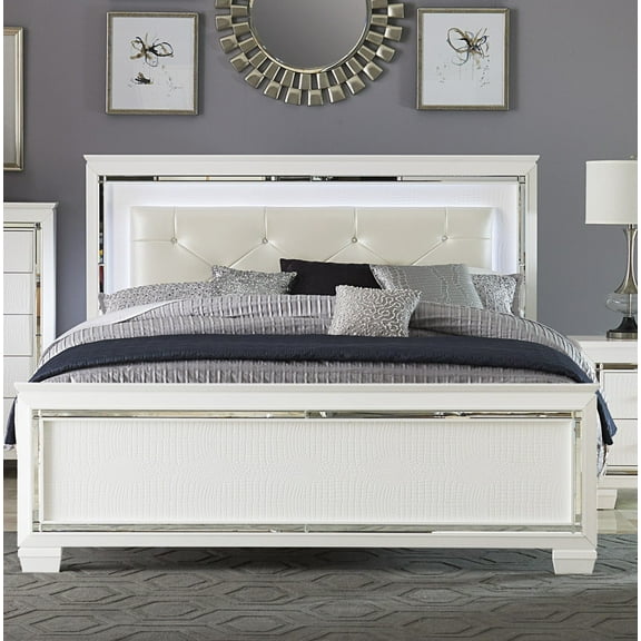 Bed Frame Glamorous Design Bedroom Furniture 1pc Queen Bed Button-LED Headboard White Finish Alligator Embossed Textured Panels Bed