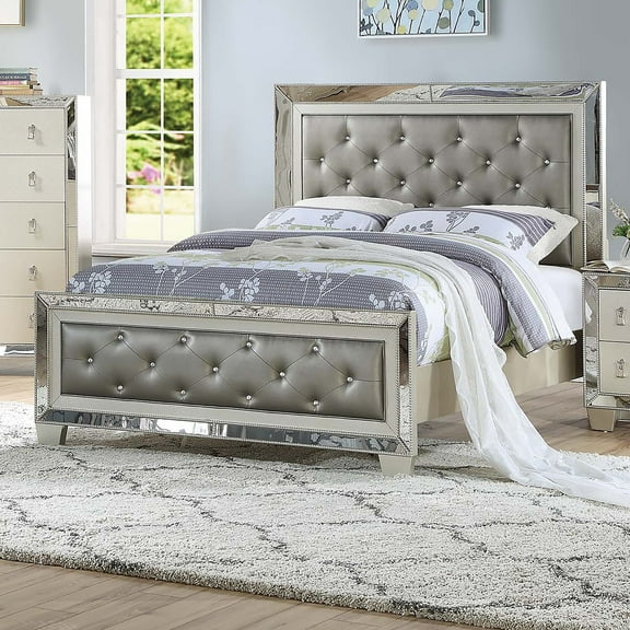 Bed Frame Glamorous Silver Faux Leather Tufted Headboard FB 1pc California King Size Bed Mirror Trim Bedroom Furniture