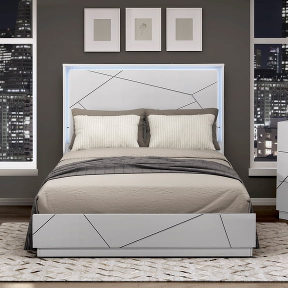 Bed Frame Glamorous White Finish California King Size LED Light Headboard Bedroom Furniture 1pc Geometric Design Accents