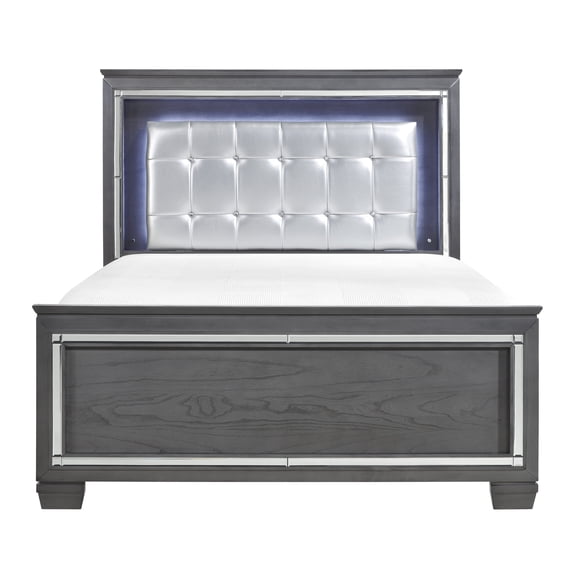 Bed Frame Glamourous Style 1pc Queen Bed Button-Tufted Upholstered LED Headboard Gray Finish Modern Beautiful Bedroom Furniture