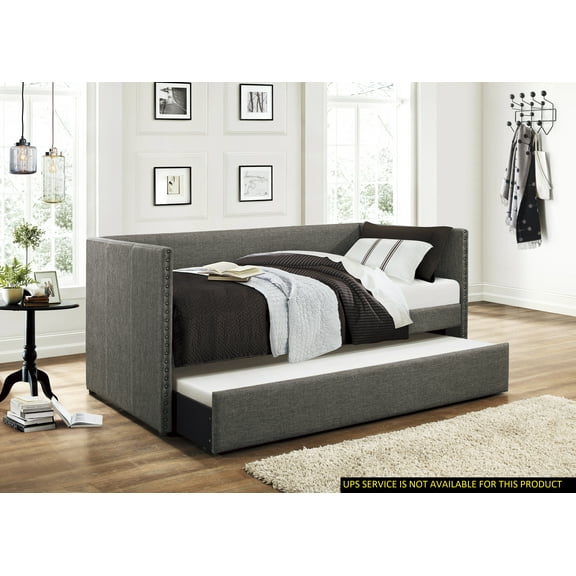 Bed Frame Gray Fabric Upholstered 1pc Day Bed with Pull-out Trundle Nailhead Trim Wood Frame Furniture