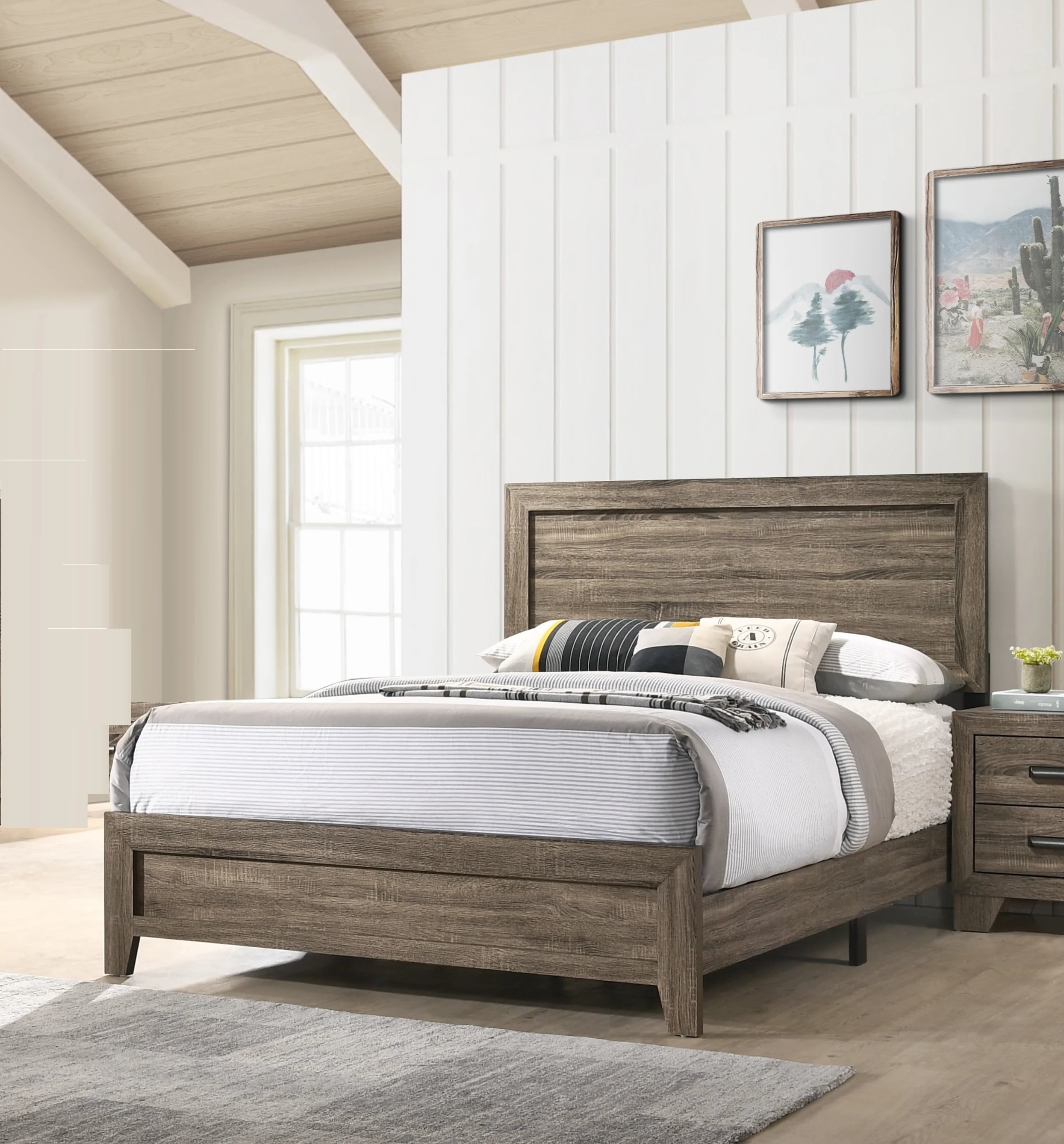 Bed Frame Grey Finish Fabric 1pc King Size Panel Bed Beautiful Wooden Bedroom Furniture Contemporary Style