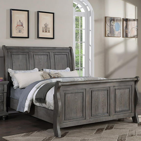 Bed Frame Grey Sleigh Design Headboard FB 1pc Eastern King Size Panel Bed Beautiful Wooden Bedroom Furniture Antique Gray Oak Finish