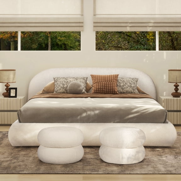 Bed Frame Grounded Upholstered Platform Bed, King, Almond White