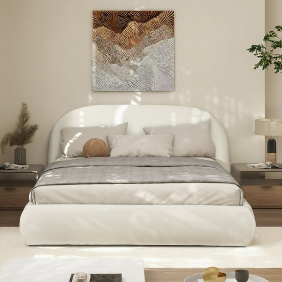 Bed Frame Grounded Upholstered Platform Bed, Queen, Almond White
