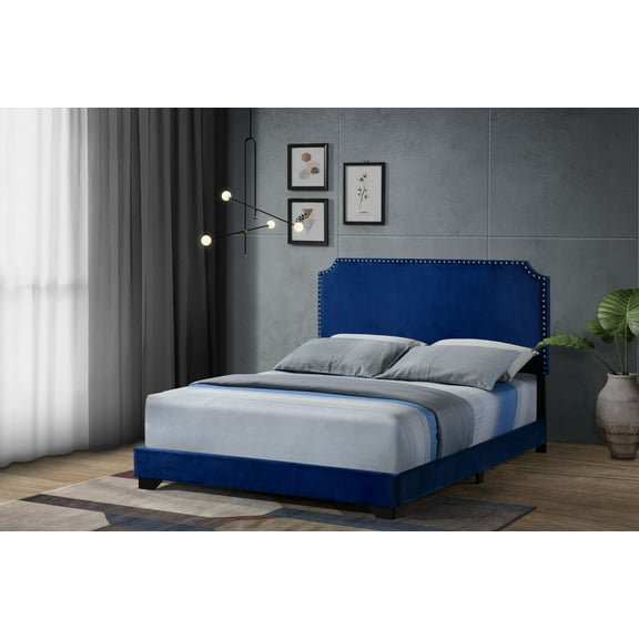 Bed Frame Haemon Blue Velvet Queen Bed