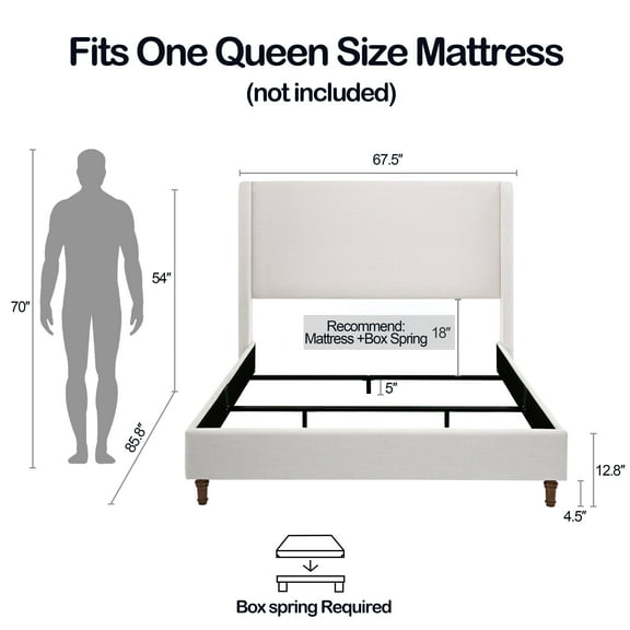 Bed Frame Hayden Upholstered Wingback Bed Size Queen / Tall 54" Headboard Upholstered Queen Bed / Without Wooden Slats / Box Spring Request / Queen / Textured Ivory Canvas / Elegant Simplicity / Easy