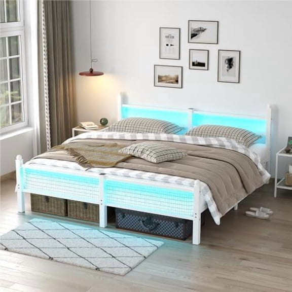 Bed Frame with Headboard and Footboard, Metal Bed Frame with Charging Station and LED Lights, Under Bed Storage, No Box Spring Needed,Noise Free, Black (White, King (U.S. Standard))