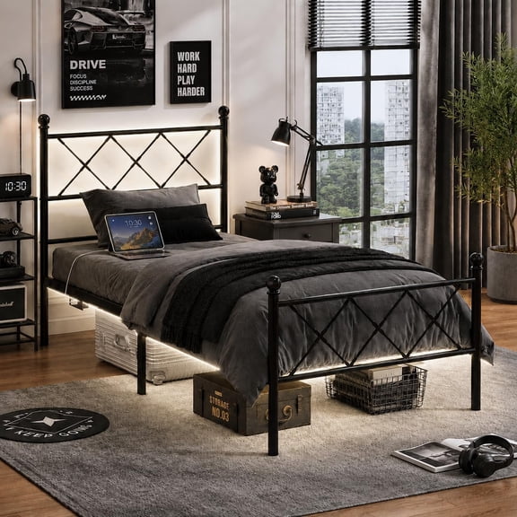 Bed Frame with Headboard and Footboard, Metal Bed Frame with Extra High Footboard, Heavy Duty Platform Bed with LED Lights & Station, Under Bed Storage, No Box Spring Needed,Black