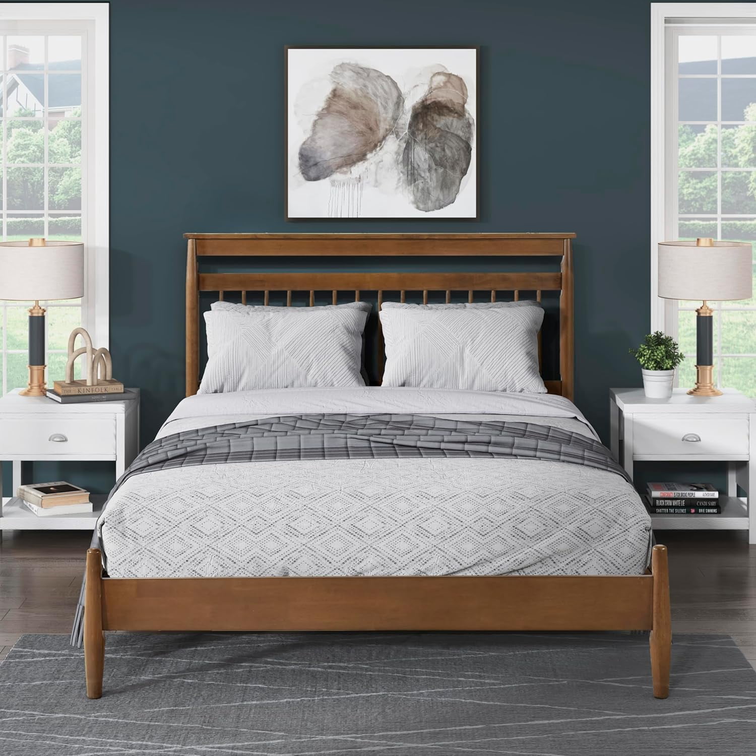 Bed Frame with Headboard, Mid Century Modern Bed Frame with Spindle ...