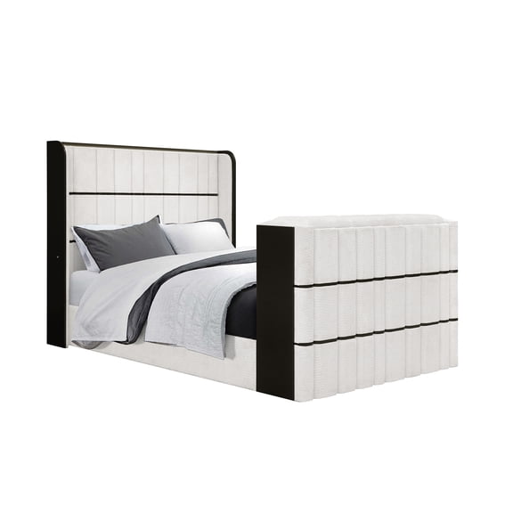 Bed Frame Isaiah White and Black Queen Bed with 50" TV Lift-LED, Speakers and Fireplace