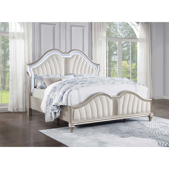 Bed Frame Ivory and Silver Oak Upholstered Platform Bed with LED Light