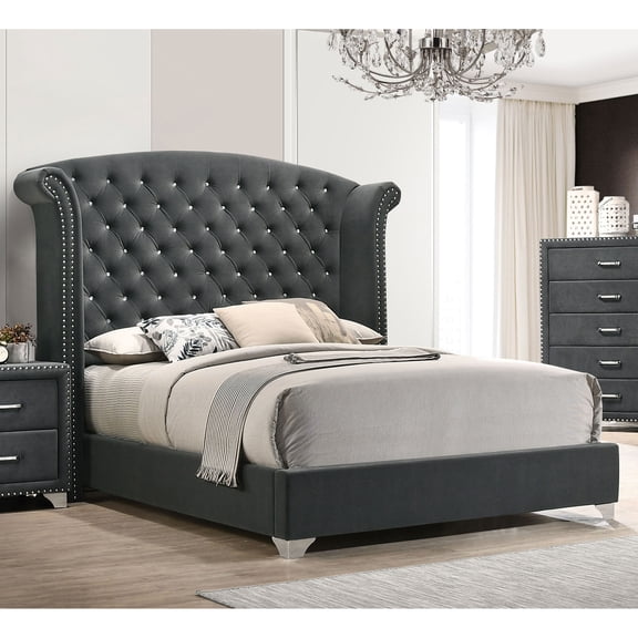 Bed Frame Kennedy Grey Upholstered Queen Wingback Bed