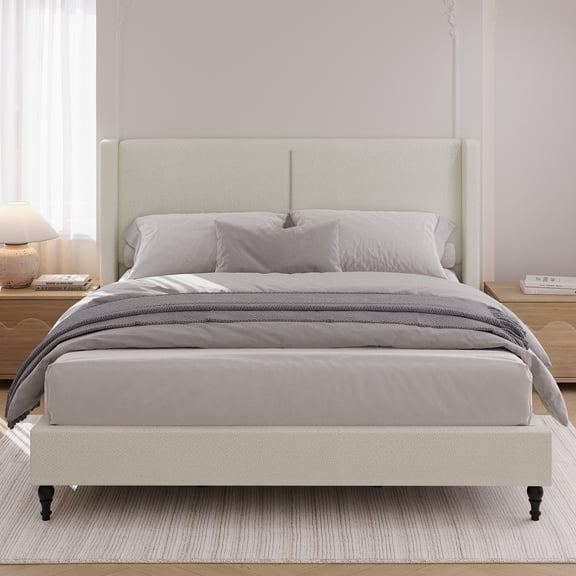 Bed Frame King Size Bed Frame with 55.5"High Back Upholstered Headboard,Boucle Fabric,12 Slat Support,Thickened Side Panels,Solid Wood Feet,No Box Spring Needed(White)