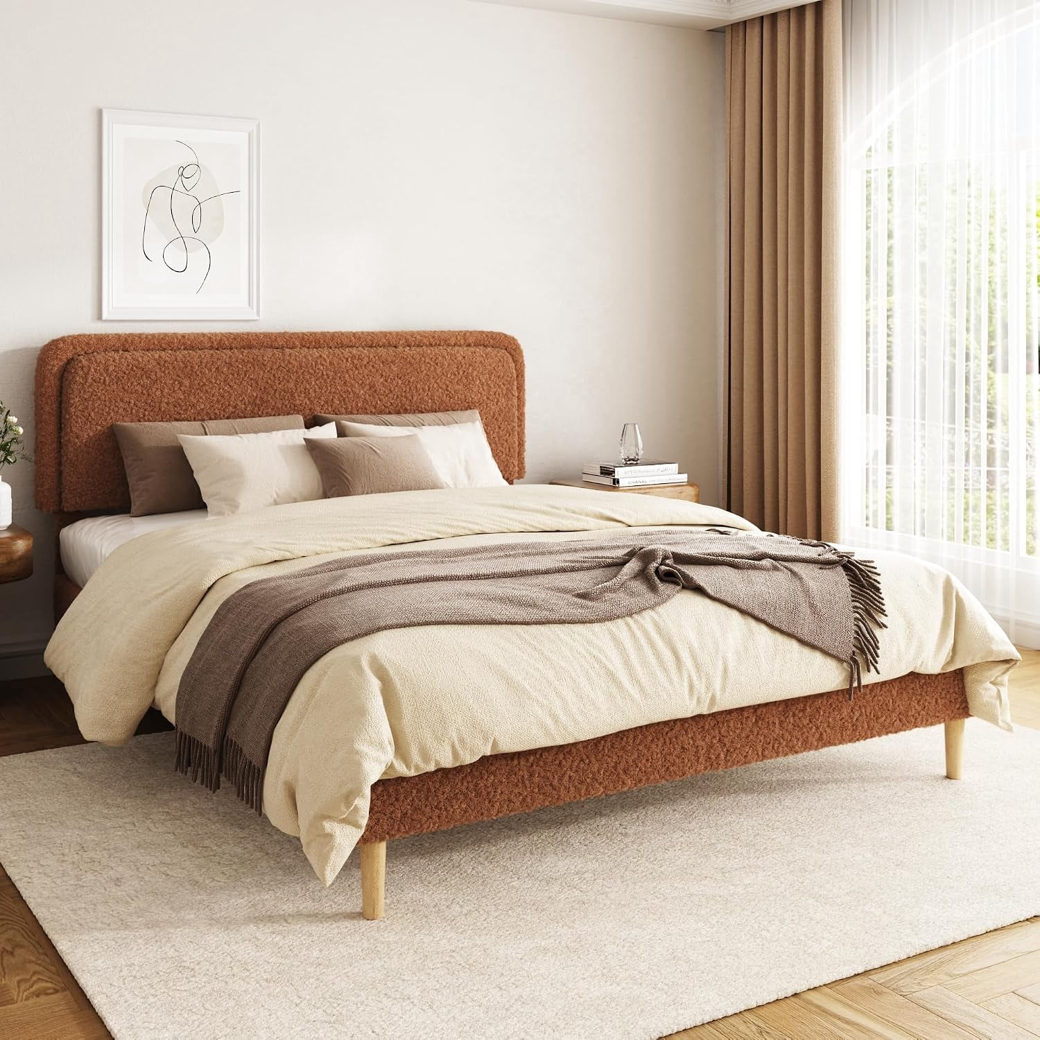 Bed Frame King Size, Sherpa Fleece Upholstered Platform Bed with 3-Level Adjustable Headboard, Heavy Duty Metal & Solid Wood Bed Frames, No Box Spring Needed, Noise-Free, for Bedroom, Brown