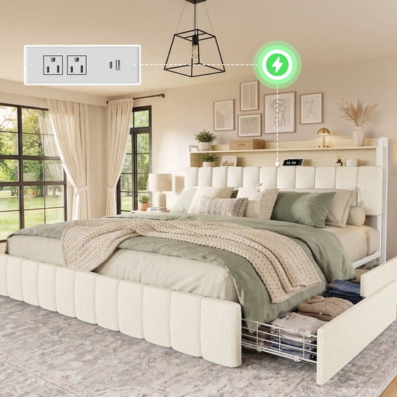 Amadwell King Size Bed Frame with Charging Station, Metal Platform Bedframe with 2-Tier Storage Headboard, 4 Storage Drawers, Noise-Free/Metal Support/No Box Spring Needed, Beige