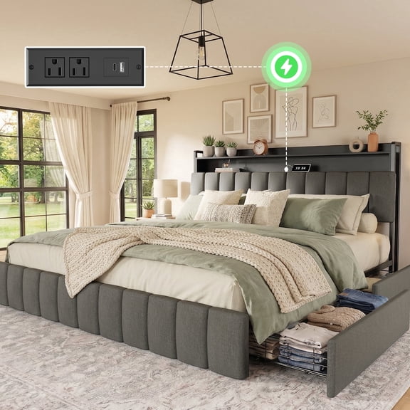 Amadwell King Size Bed Frame with Charging Station, Metal Platform Bedframe with 2-Tier Storage Headboard, 4 Storage Drawers, Noise-Free/Metal Support/No Box Spring Needed, Grey