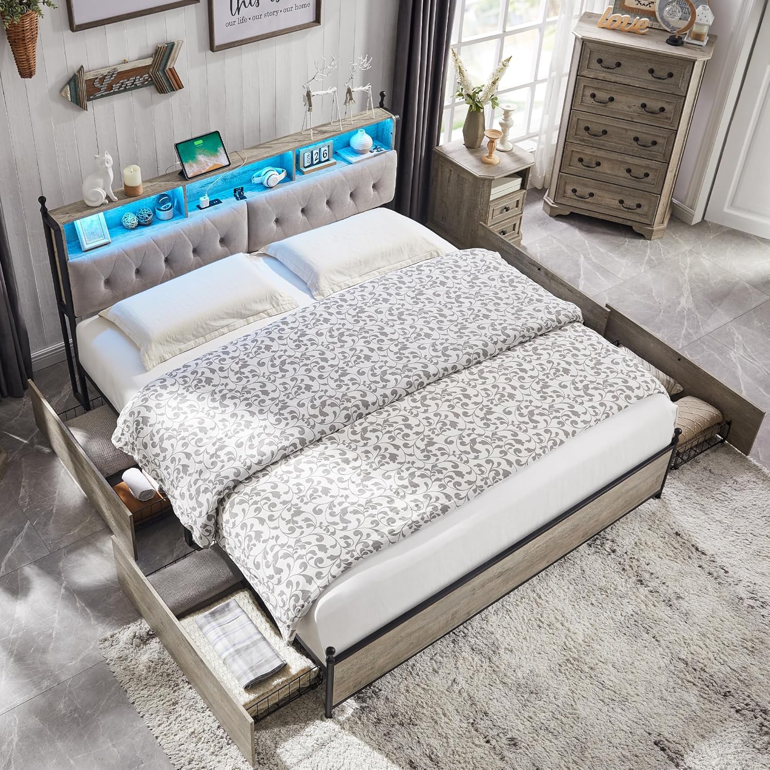 Bed Frame King Size with Upholstered Headboard, Modern Farmhouse Wood