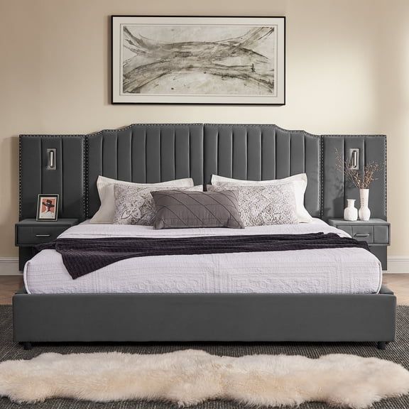 Bed Frame King Size Velvet Upholstered Platform Bed with Headboard, Vertical Button Tufted Design, Integrated Bedside Tables & Adjustable Reading Lamps, No Box Spring Needed