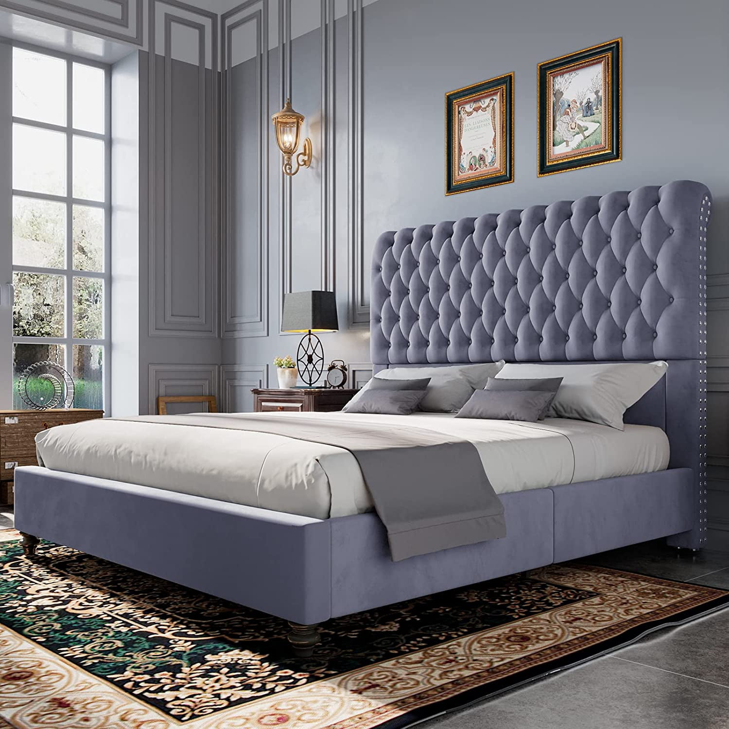 Bed Frame King Size Velvet Upholstered Sleigh Bed Platform with Deep ...