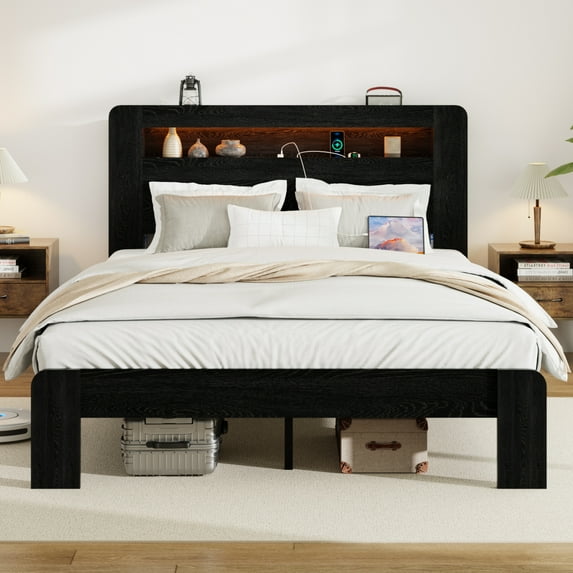 Bed Frame King Size, Wood Platform Bed Frame with Storage LED Light Headboard and 2 USB , Noise Free,No Box Spring Needed and Easy Assembly Tool,Large Under Bed Storage,Dark Black