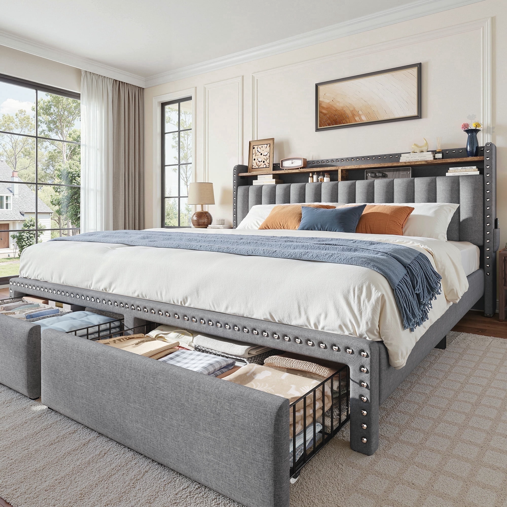 Bed Frame King Size with Storage Headboard Upholstered Bed Frame with 2 Drawers & Side Storage Pocket,Gray