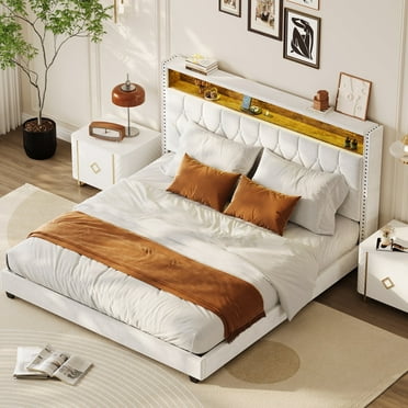 Bed Frame with LED Lights and Charging Station, Velvet Upholstered Platform Bed Frame with Storage Headboard and Nailhead Trim Wingback, No Box Spring Needed