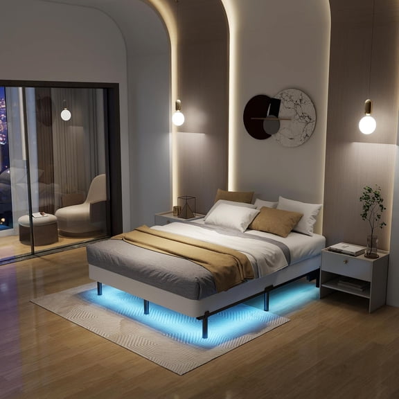 Bed Frame LED Lights Platform Bed Frame for Box Spring Mattress Foundation,7 Inch 9 Legs Strong Support Basics Bed Base with Charging Station,Heavy Duty,Noisy Free