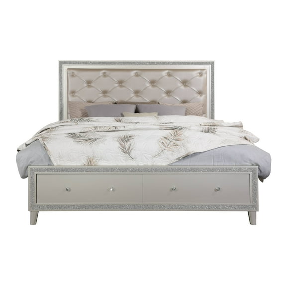 Bed Frame Leather & Champagne Finish EK Bed W/Led & Storage