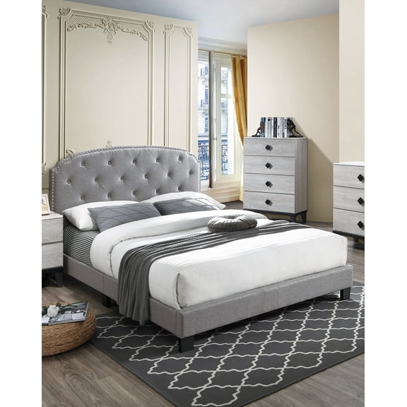 Bed Frame Light Gray Finish Queen Size 1pc Bed Nailhead Trim Button Tufted Burlap Fabric Bedroom Furniture