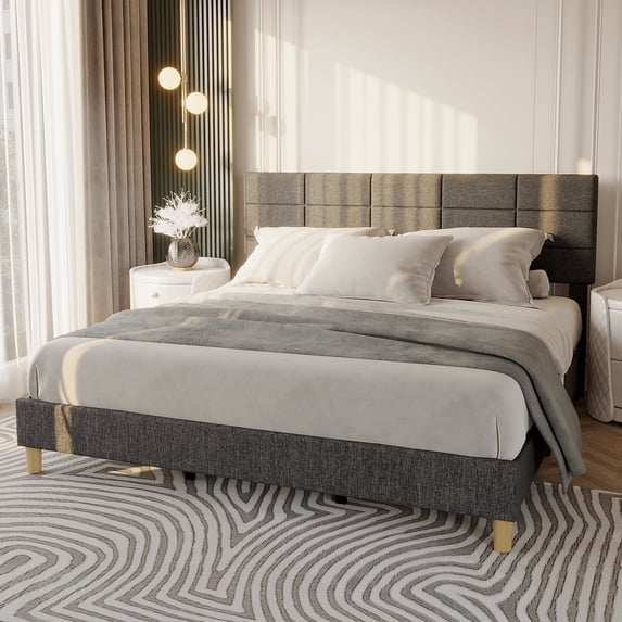Bed Frame, Linen Upholstered Platform Bed with Headboard, No Box Spring Needed, 700 LBS Sturdy Wooden Slats Support, Noise Free Easy Assembly, Grey